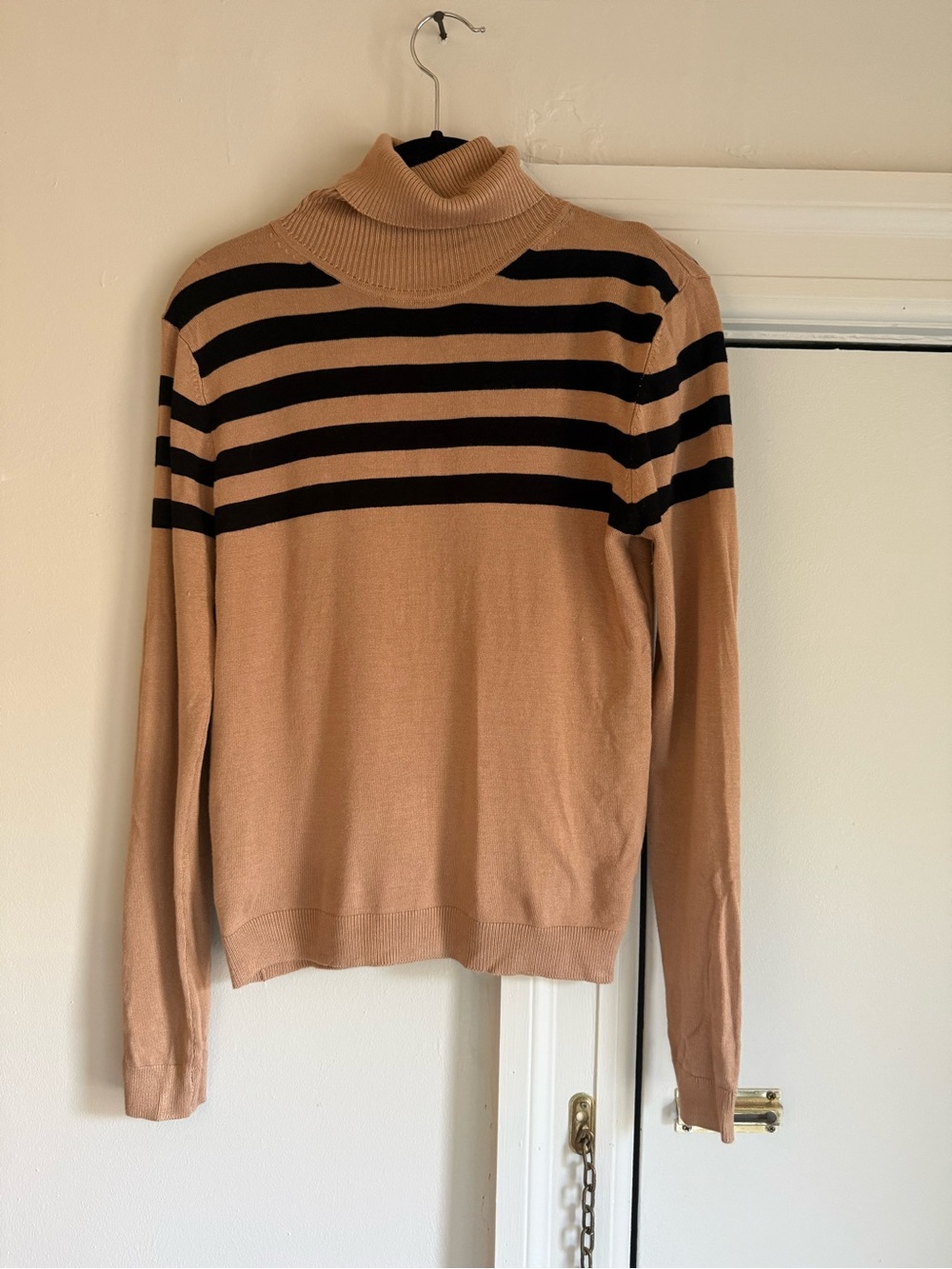 Mango Tan Turtleneck Sweater with Black Stripes